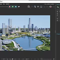 Modern Urban Architecture Complex With High Rise Skyscrapers And Waterfront Lake View