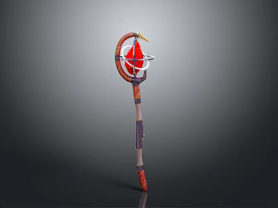 Ornate Red Staff With Purple Striped Handle And Gold Ring Top Design 3d model