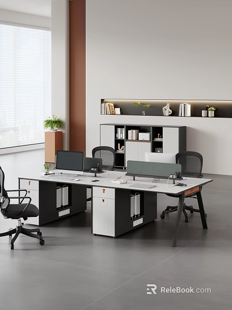 Modern Office Desk And Chair Set With Computer Monitors Bookshelf And Potted Plant 3d model 