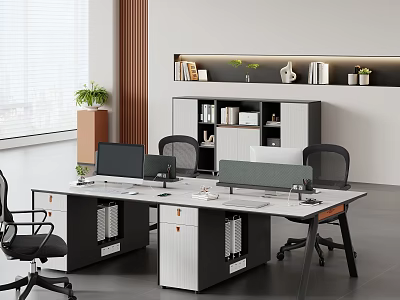Modern Office Desk And Chair Set With Computer Monitors Bookshelf And Potted Plant 3d model