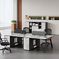Modern Office Desk And Chair Set With Computer Monitors Bookshelf And Potted Plant