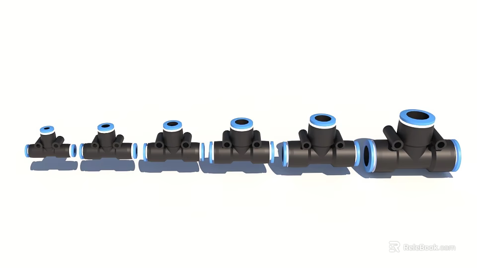 Black Pipe Fittings With Blue Connectors In Various Types For Plumbing Systems 3d model 