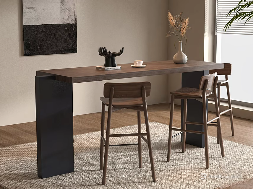 Modern Bar Counter With Wooden Top Black Columns Three Bar Stools And Decorative Dried Flowers 3d model 