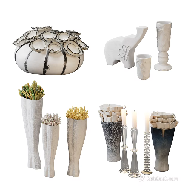Modern Decorative Ornament Set With Vases Elephant Figurine And Candle Holders For Home Decoration 3d model 