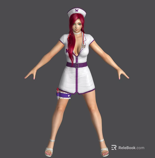 Game Movie Character With Red Hair In White Dress Purple Belt And Short Skirt Design 3d model 
