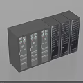 Row Of Industrial Electrical Control Cabinets And Server Racks With Control Panels And Storage Shelves
