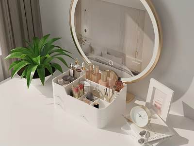 Elegant Perfume And Cosmetics Storage Organizer On White Dressing Table With Green Plant Round Mirror 3d model