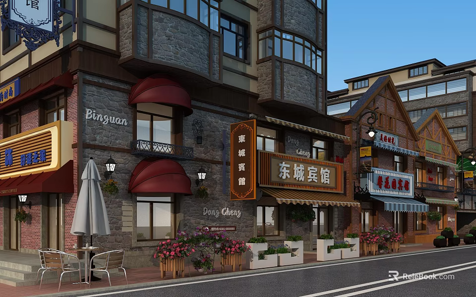 Traditional Commercial Street Featuring Classic Architecture Shop Signs Outdoor Seating And Flower Decor 3d model 