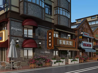 Traditional Commercial Street Featuring Classic Architecture Shop Signs Outdoor Seating And Flower Decor 3d model