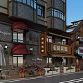 Traditional Commercial Street Featuring Classic Architecture Shop Signs Outdoor Seating And Flower Decor
