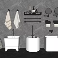White Washbasins In Modern Bathroom With Grey Wall Towels Shelves Mirrors And Toilet Paper Holders