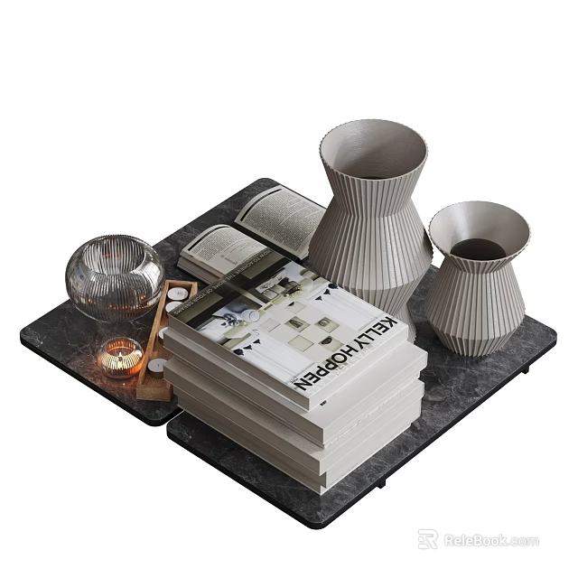 Modern Decorative Ornament Set with Black Tray Ribbed Grey Vases Glass Bowl Candles and Books 3d model 