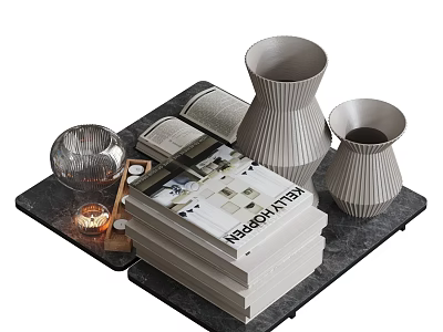 Modern Decorative Ornament Set with Black Tray Ribbed Grey Vases Glass Bowl Candles and Books 3d model