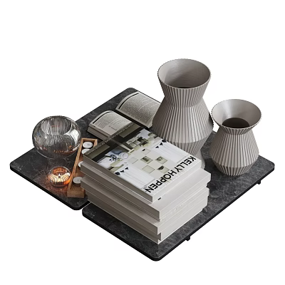 Modern Decorative Ornament Set with Black Tray Ribbed Grey Vases Glass Bowl Candles and Books 3d model