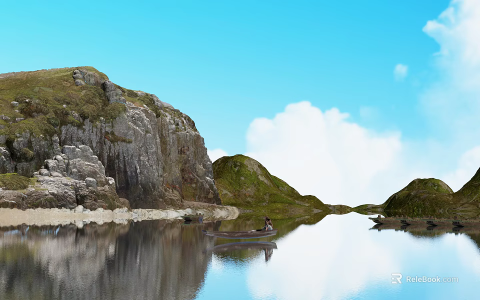 Scenic Waterfront Landscape with Calm Water Small Boat Person Steep Rocky Hills and Sky Reflections 3d model 