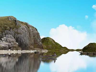Scenic Waterfront Landscape with Calm Water Small Boat Person Steep Rocky Hills and Sky Reflections 3d model