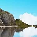 Scenic Waterfront Landscape with Calm Water Small Boat Person Steep Rocky Hills and Sky Reflections