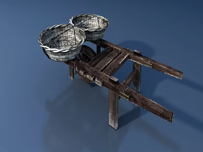 Rustic Wooden Handcart With Two Woven Baskets And Traditional Frame 3d model