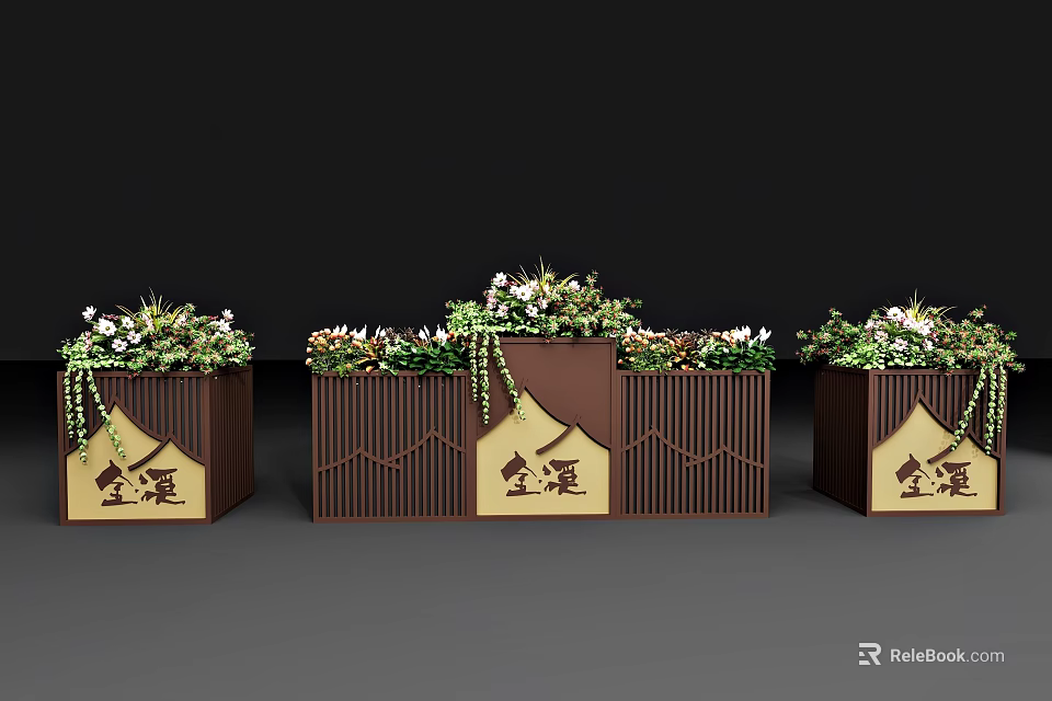 Brown Wooden Patterned Planters With Bonsai Plants Green Vines And Golden Inscriptions 3d model 