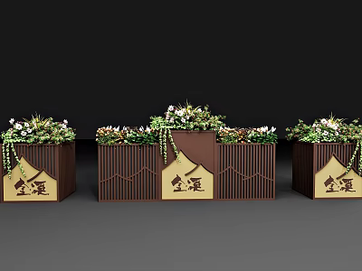 Brown Wooden Patterned Planters With Bonsai Plants Green Vines And Golden Inscriptions 3d model