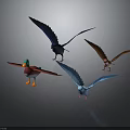 Four Various Colored Birds with Spread Wings in 3D Rendered Scene