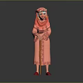 Traditional Red Robed Doll Figure With Headscarf Holding Wooden Cane And Red Shoes