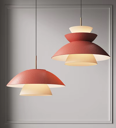 Modern Red Pendant Lights With Layered Design And Warm Light Over Gray Wall 3d model