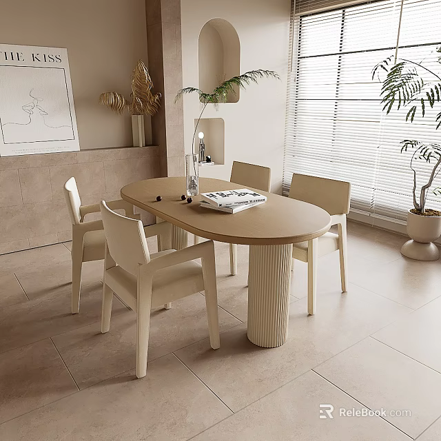 Oval Wooden Dining Table Set with Light Padded Chairs by Window and Plants 3d model 