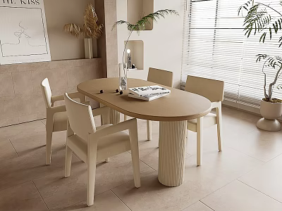 Oval Wooden Dining Table Set with Light Padded Chairs by Window and Plants 3d model