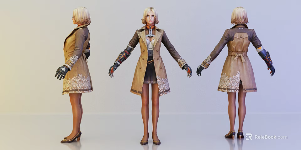 3D Game Movie Character Brown Coat With Decorative Cuffs Black Gloves Skirt High Heels 3d model 