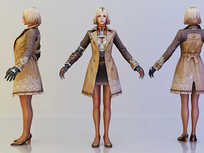 3D Game Movie Character Brown Coat With Decorative Cuffs Black Gloves Skirt High Heels 3d model