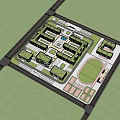 Modern School Campus Buildings With Green Roofs Football Field Running Track And Surrounding Trees