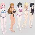 Five Anime Game Female Characters In Various Stylish Swimsuits Standing Together