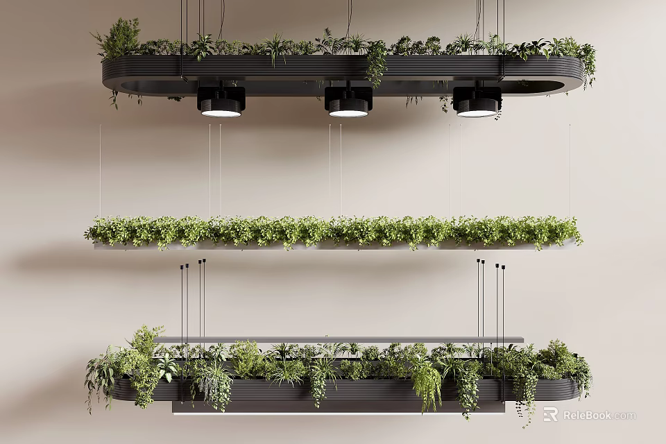 Hanging Pendant Lights With Green Plants On Black Suspended Frames For Modern Decor 3d model