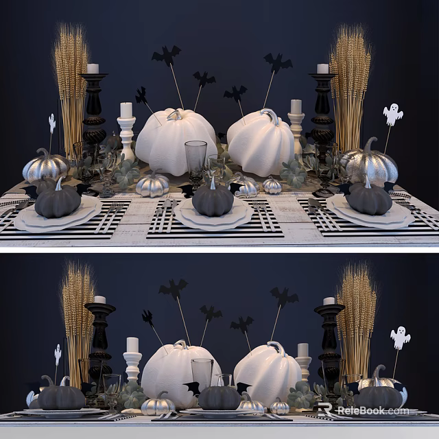Elegant Dinnerware Set With Pumpkin Decor Bat Ornaments And Wheat Stalks On Table 3d model 