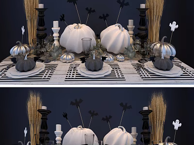 Elegant Dinnerware Set With Pumpkin Decor Bat Ornaments And Wheat Stalks On Table 3d model