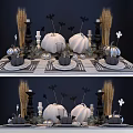 Elegant Dinnerware Set With Pumpkin Decor Bat Ornaments And Wheat Stalks On Table