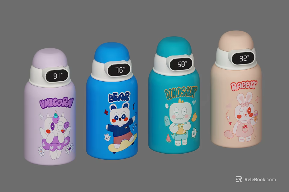 Public Facility Thermal Mugs Featuring Cartoon Characters and Temperature Display in Various Colors 3d model 