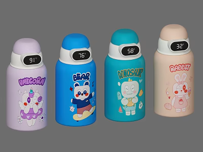 Public Facility Thermal Mugs Featuring Cartoon Characters and Temperature Display in Various Colors 3d model