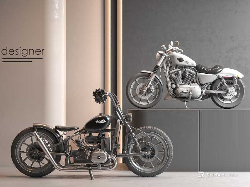 Two Stylish Motorcycles In Modern Interior Space 3d model 