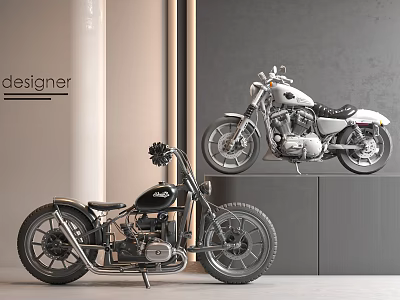 Two Stylish Motorcycles In Modern Interior Space 3d model