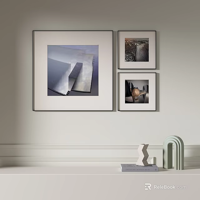 Interior Wall Decor With Framed Artworks And Decorative Sculptures On Shelf 3d model 