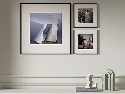 Interior Wall Decor With Framed Artworks And Decorative Sculptures On Shelf 3d model