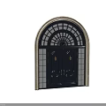 Dark Blue Double Entrance Door With Golden Decorations And Arched Glass Top