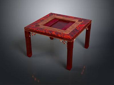 Red Wooden Square Stool With Carved Legs And Decorative Top Pattern Design 3d model