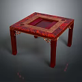 Red Wooden Square Stool With Carved Legs And Decorative Top Pattern Design