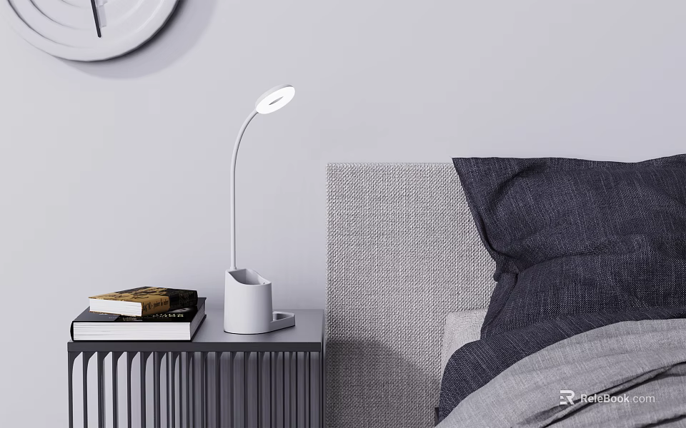 Bedroom Daily Essentials With White Table Lamp Books Clock And Gray Nightstand 3d model 