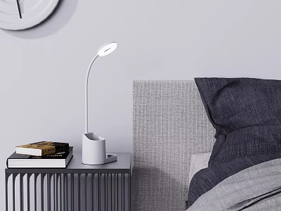 Bedroom Daily Essentials With White Table Lamp Books Clock And Gray Nightstand 3d model