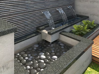 Modern Garden Feature With Water Flow Stone Border Pebbles Green Plants And Striped Wall 3d model