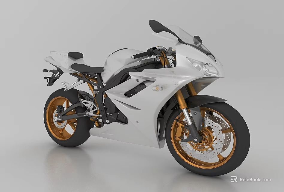 Modern White Sports Motorcycle With Sleek Body And Golden Alloy Wheels Design 3d model 